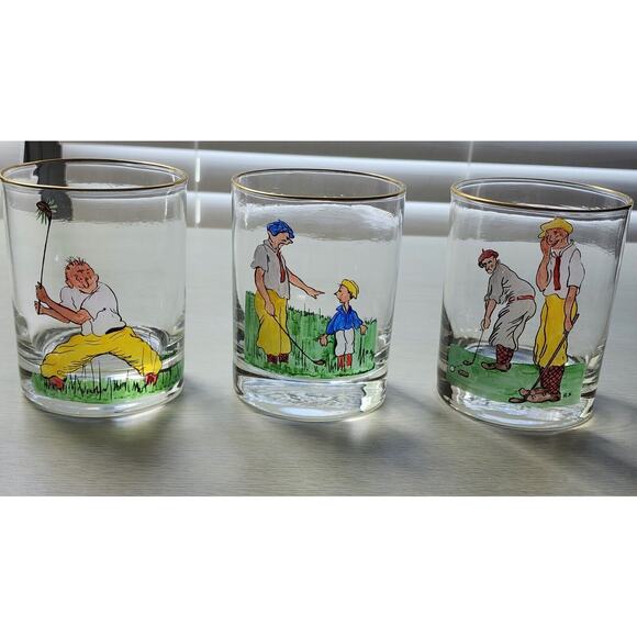 GLASSES-OLD FASHION-Cartoon Golfers-Gold Rim-Set of 3-SIGNED BY ARTIST - Picture 1 of 13
